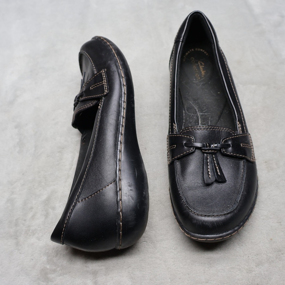 Clarks Womens 8M Loafers Black Ashland Bubble Leather‎ Tassel Slip On Comfort